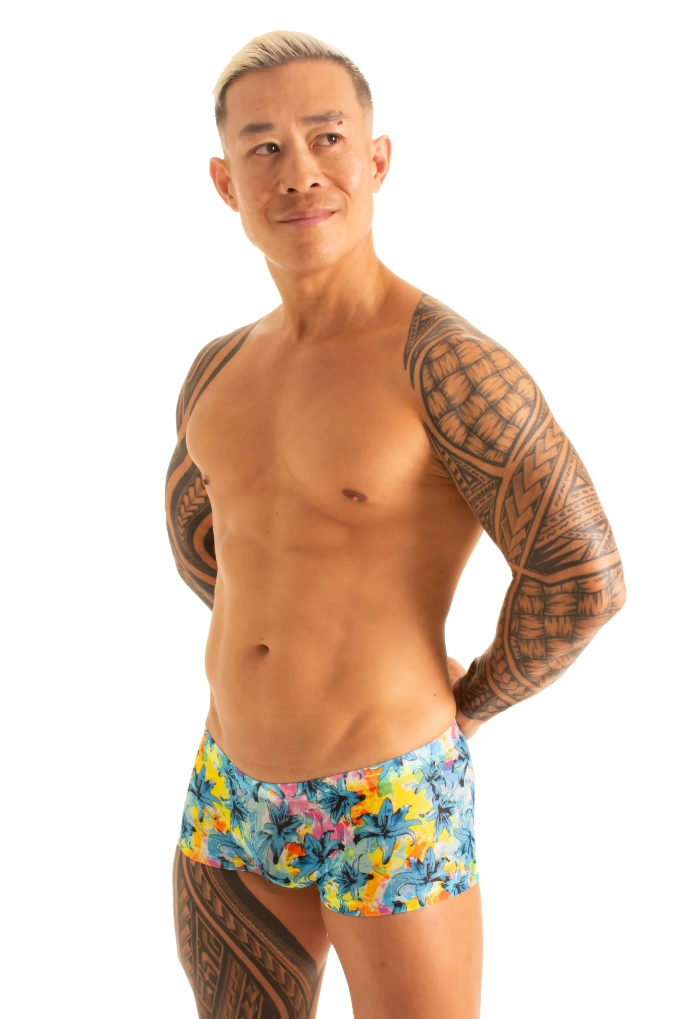 M61 - Mens Low Square Cut Swim Trunks - Tan Through - Image 37