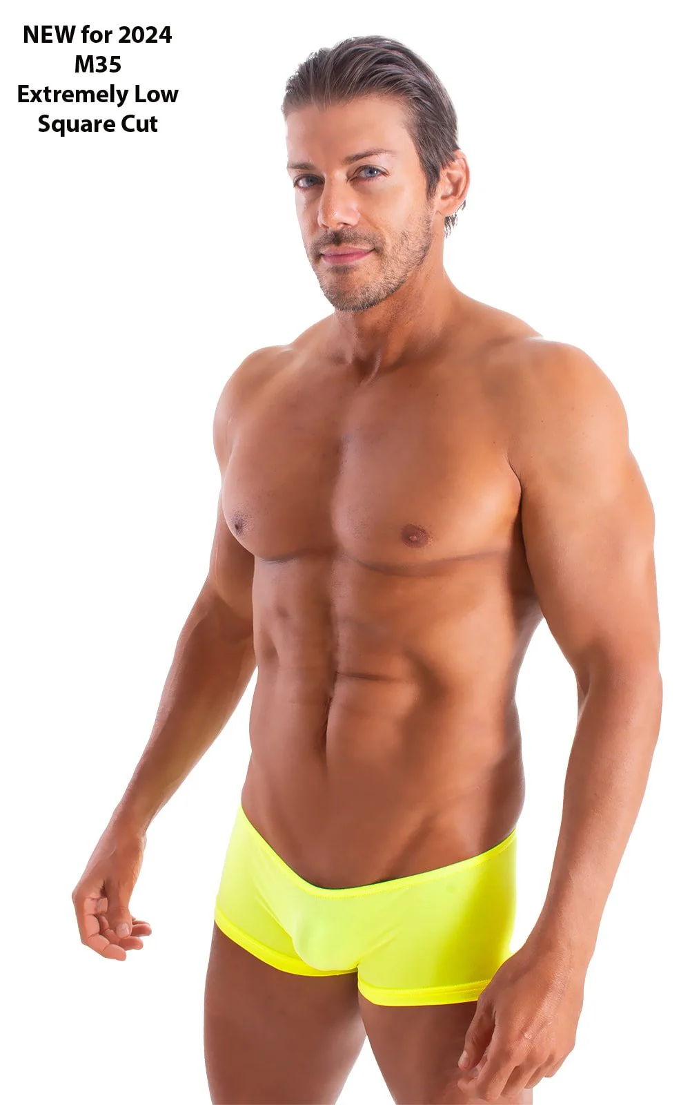 M35 - Mens Micro Low Square Cut Swim Trunks - Solid Sheer Semi Sheer - Image 29